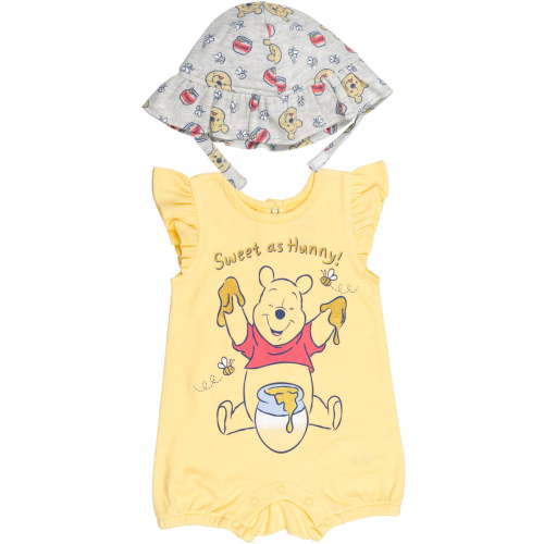 Disney Winnie the Pooh Newborn Baby Girls Snap Romper and Bucket Sun Hat Newborn to Infant