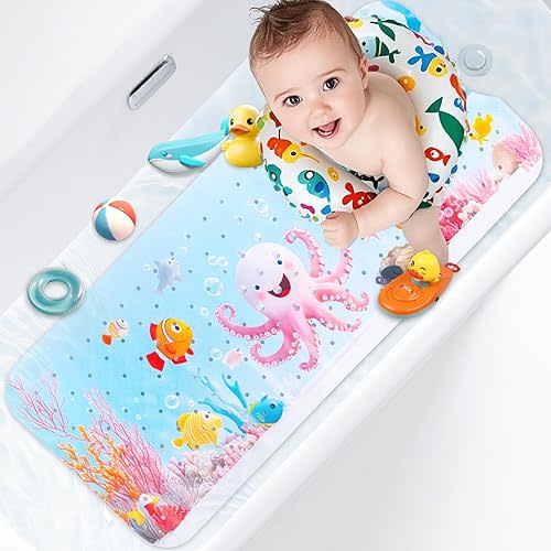 Kids Bath Mat with Ocean Theme Design, 40x16 inches, Non-Slip with 200 Suction Cups, Cartoon Sea Animals Pattern (Octopus, 40 * 16in)