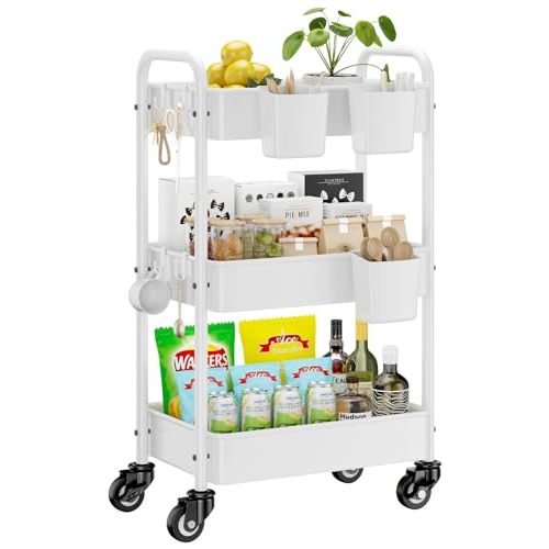 YASONIC Metal 3 Tier Rolling Cart - Heavy Duty Utility Cart with Lockable Wheels, Hanging Cups, Hooks, Mesh Rolling Storage Cart Craft Cart Organizer, Lightweight and Sturdy, White