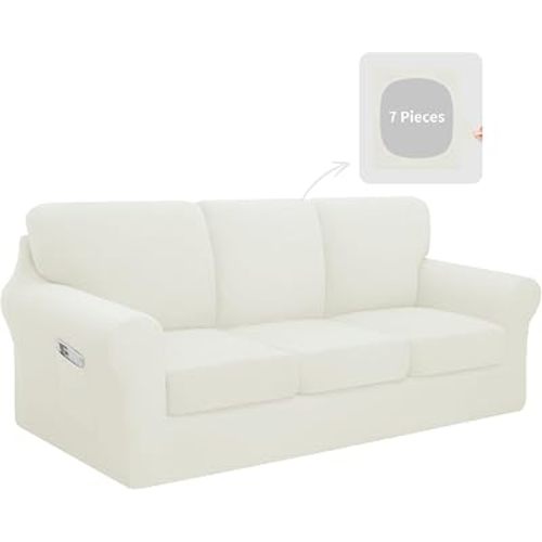 Easy-Going 7 Pieces Stretch Couch Cover Washable Sofa Cover Set for 3 Backrest and Seat Cushion Couch Anti-Slip Sofa Slipcover Furniture Protector with Elastic Bottom (Large, Ivory)