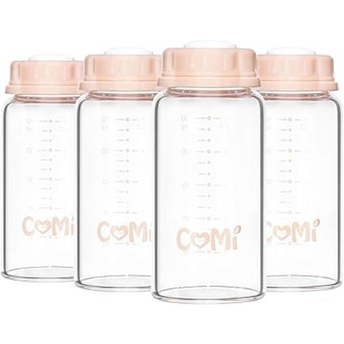 COMI Natural Glass Baby Bottle,Standard Neck Breastmilk Storage Bottle for Fridge,Breast Milk Container,Breast Pump Bottle Compatible with Medela Breast Pump,BPA Free,4PCS(5oz,4 Pink Lids)