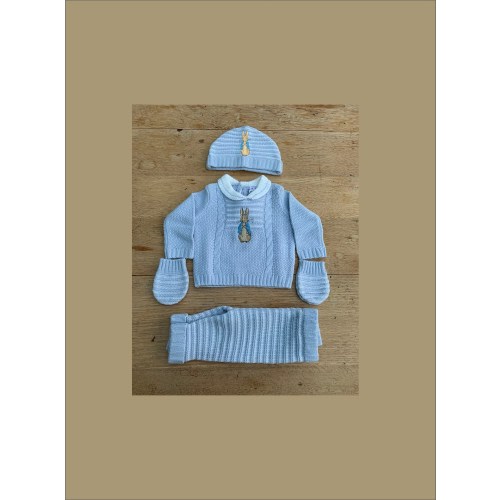 Peter Rabbit - Embroidered -Baby 4 pcs Knitted Deluxe Box set- Blue and White stripe Jumper, trousers and hat & mittens sizes NB, 0-3 ,3-6m