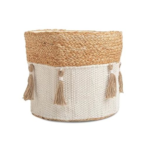 Crane Baby Fabric Round Nursery Storage Basket, Cotton & Jute Boho Bin, 13"x12", Baby Storage Organizer, Toy Bins