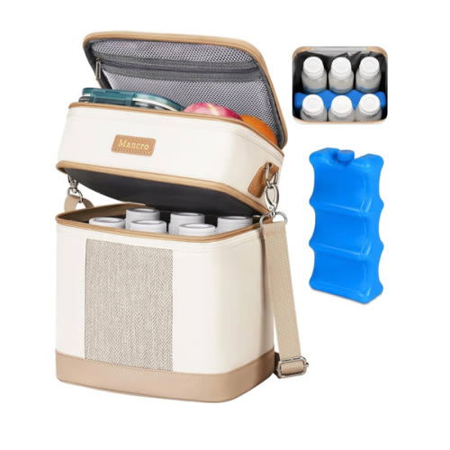 Mancro Breastmilk Cooler Bag with Ice Pack, Double Layer Insulated Baby Bottles Bag Fits 6 Bottles Up to 9 Ounces, Portable Breast Pump Cooler Travel Bag for Daycare and Nursing Moms, Beige