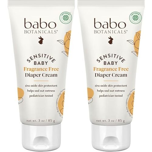 Babo Botanicals Sensitive Baby Fragrance-Free Diaper Cream - 25% Natural Zinc Oxide - Calendula, Shea & Cocoa Butter - EWG Verified - Vegan- from Birth on - 1 or 2 Pack Tube - 6oz Jar