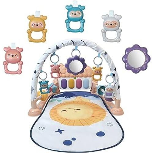 Baby Play Mat Activity Gym, Musical Activity Center, Kick and Play Piano Gym, Tummy Time Mats for Newborn Babies Infants Toddlers Boys Girls (Apricot)