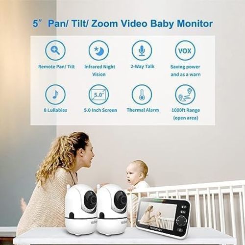 HelloBaby Upgrade 5’’ Baby Monitor with 30-Hour Battery, 2 Cameras Pan-Tilt-Zoom, 1000ft Range Video Audio Baby Monitor No WiFi, VOX, Night Vision, 2-Way Talk, 8 Lullabies and Temperature