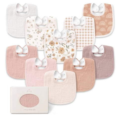 Konssy 10-Pack Muslin Baby Bibs, Soft Cotton Bandana Bibs for Drooling & Teething, Unisex Solid Colors for Boys & Girls, Newborn & Infant