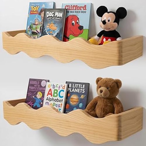 Ovalo Nursery Book Shelves Set of 2 - Solid Pine Wood Nursery Bookshelf, Floating Nursery Shelves for Wall, Wall Bookshelf for Kids Room, No-Assembly Wall Mounted Baby Book Shelf. (Natural Wood)
