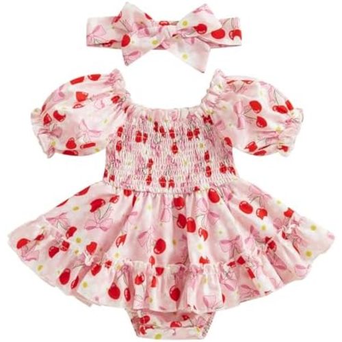 Newborn Infant Baby Girl Smocked Bubble Summer Short Sleeve Romper Dress Pink Bow Onesie + Headband
