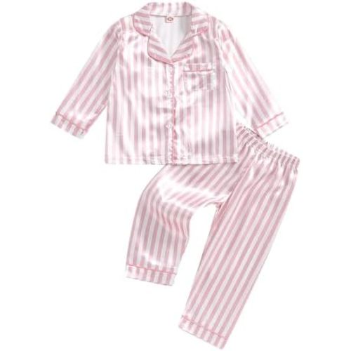 MAINESAKA Toddler Baby Girl Boys Satin Silk Pajamas Set Button Down Shirt Pants Checkerboard Stripe Pjs Fall Winter Sleepwear