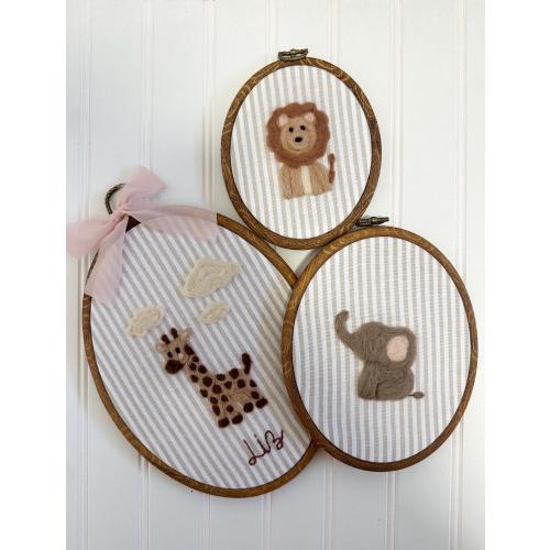 At the Zoo – Set of 3 Needle Felt Animal Art | Faux Wood Embroidery Hoops | Safari Nursery Wall Decor