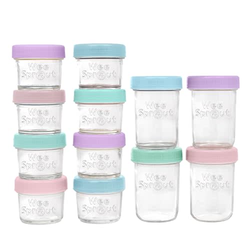 WeeSprout Baby Food Storage Glass Jars w/Lids (4/8 oz, 12 Pack) Pastel Variety, Snack, Reusable Small Containers, Fridge or Freezer, Microwave & Dishwasher Safe, Essentials for Infants