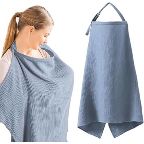 Muslin Nursing Cover for Breastfeeding, Soft&Breathable Cotton Privacy Nursing Covers with Arch Neckline Adjustable Hoop (Blue)