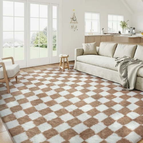 BERTHMEER 8'×10' Shag Geometric Area Rugs for Living Room Bedroom Nursery Bedroom Fluffy Rugs Checkered Contemporary Rugs Carpets