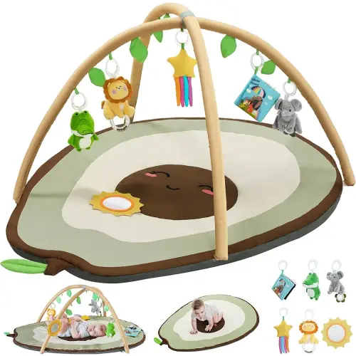 Baby Play Gym Mat & Activity Mat, Baby Tummy Time Mat, Large Avocado Shaped Playmat with 6 Detachable Toys for Motor Skills & Sensory Development, Washable Infant Baby Essentials, Olive Green