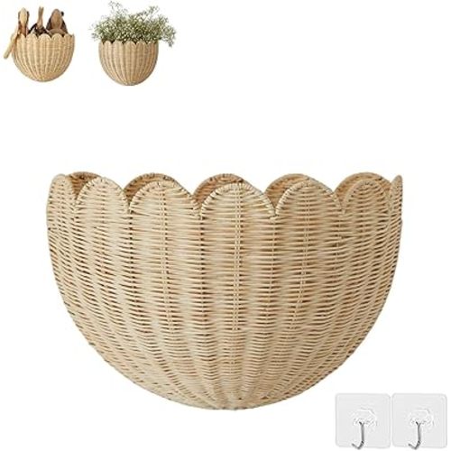 Natural Indonesian Rattan Handwoven Nordic Style Storage Organizer with Sturdy Metal Frame for Living Room, Study, Nursery Decor, Scalloped Wall Basket