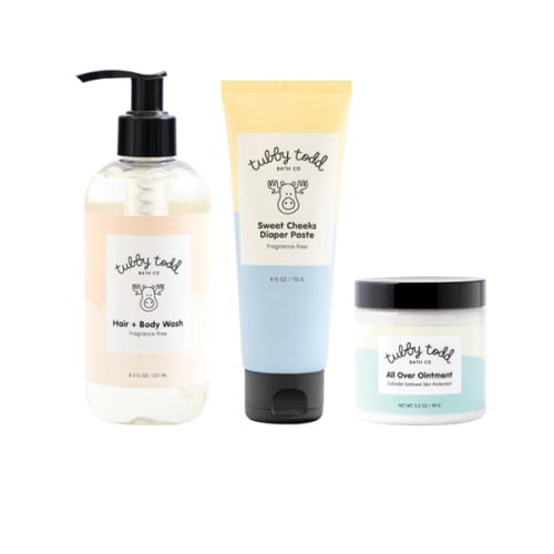 TUBBY TODD Baby Bundle Newborn Skin Care Set - Hypoallergenic Hair + Body Wash, All Over Ointment with Colloidal Oatmeal, Sweet Cheeks Diaper Paste - Fragrance Free, Standard Size