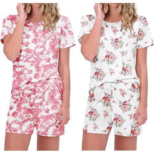 Ekouaer 2 Pack Pajamas Short Sleeve Top with Shorts Sets Comfy Pjs Lounge Sets Sleepwear for Women