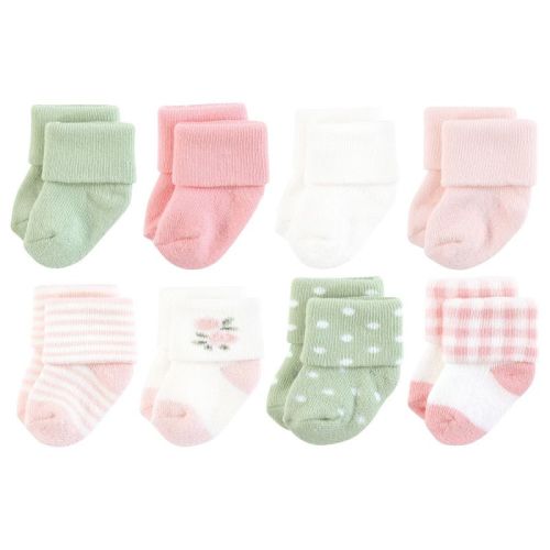 Hudson Baby Infant Girl Cotton Rich Newborn And Terry Socks, Pink Sage Rose, 0-6 Months