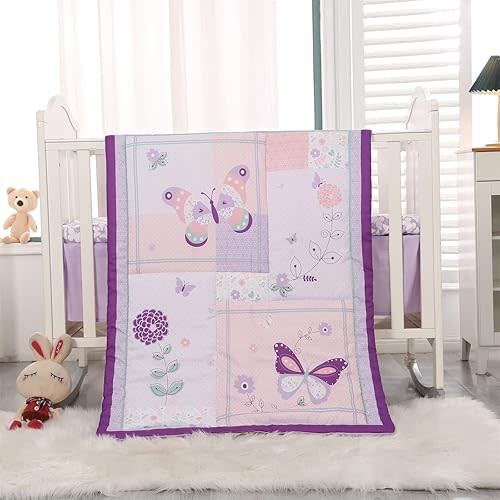 Wowelife Girl Crib Bedding Set, Butterfly Baby Girl Nursery Bedding Set, Premium Purple Crib Bedding Set, Baby Girl Crib Bed Set Include Quilted Comforter, Crib Skirt and Crib Sheet, Purple