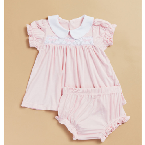 Scottie Classic Bow Smocked Dress and Bloomer Set in Pink | Tullabee