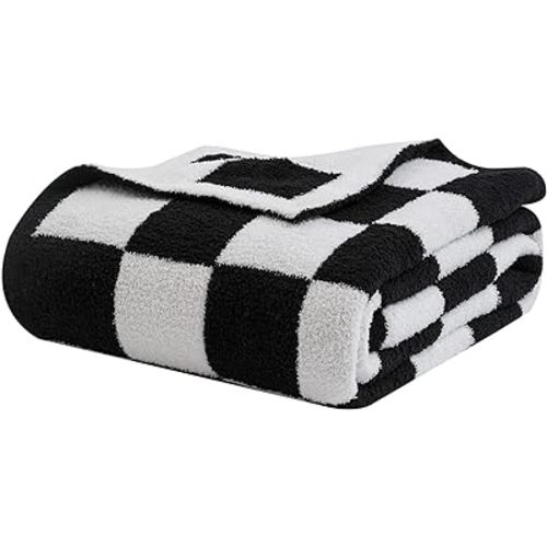 bearberry Fuzzy Checkerboard Grid Throw Blanket Knitted Soft Cozy Warm Microfiber Blanket Decor for Couch Sofa Bed Travel Home (Black, 40''x50'')