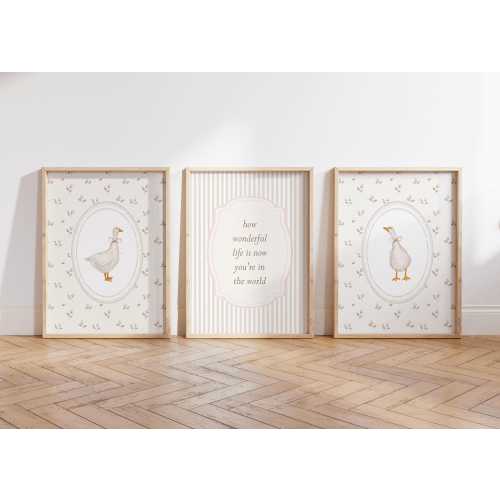 Vintage Goose Nursery Wall Art, How Wonderful Life Is Now You&#39;re In The World Print, Neutral Floral Goose Print, Silly Goose Girl Room Decor
