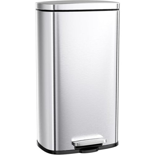 Arlopu 8 Gallon Step Trash Can, Stainless Steel Garbage Bin, Soft-Close Rubbish Bin with Removable Plastic Inner Bucket, Fingerprint-Proof, Lid Dustbin, Suit for Kitchen Home (Silver, 30L)
