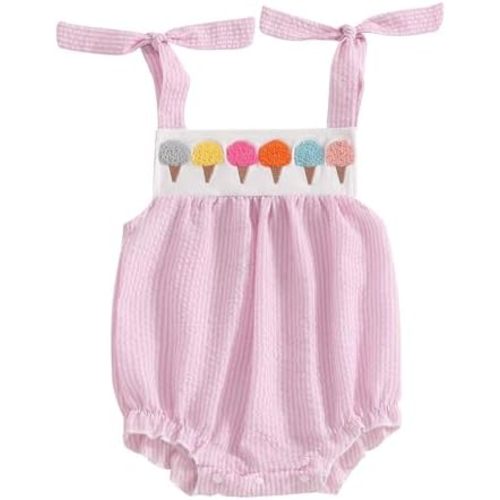 Newborn Baby Girl Ice Cream Smocked Romper Sleeveless Plaid Bubble Bodysuit Cute Summer Clothes 0-24 Months