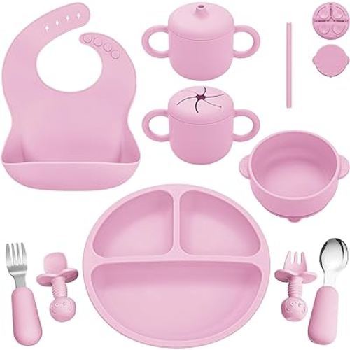 Silicone Baby Feeding Set, Baby Led Weaning Supplies, Eating Essentials Utensils with Suction Plate and Bowl, Pocket Bib, Sippy Cup with Lid, Forks Spoons Snack Container, for 6+ Months, Pink