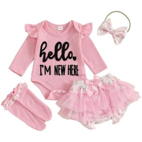 Ursobutegl Im New Here Newborn Baby Girl Outfit Ruffle Romper Tiered Tutu Dress Shorts Headband Socks Coming Home Clothes Set