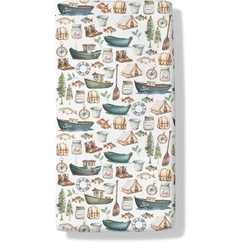 Gone Fishing Boy Baby Boys Girls Crib Sheets Watercolor Lake Boats Fishing Baby Sheet Camping Adventure Outdoors Fitted Crib Mattress Cover for Standard Crib Toddler Mattress 28"x52"