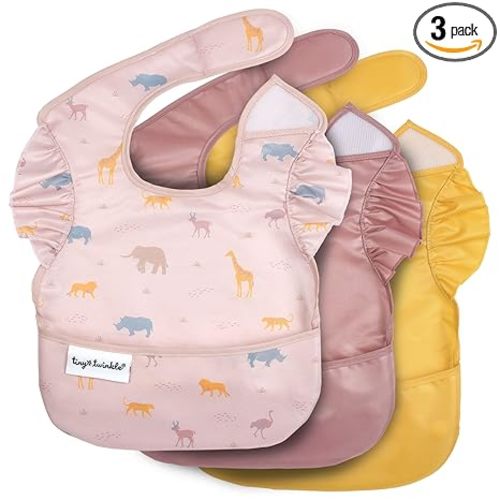Tiny Twinkle Mess-Proof Baby Bibs for Eating | Waterproof, Wipeable Toddler Bibs with Catch-All Pocket | Feeding Bibs for Girls & Boys(3 Pack,Petite Safari)