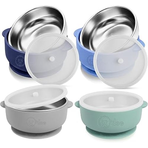 o'doe Suction Bowls for Baby - Non-Toxic Stainless Steel Baby Bowls 5" with Non-Slip Removable Silicone Shell - BPA-Free Toddler Bowls (Dark Blue + Powder Blue + Grey + Green (With Lid))