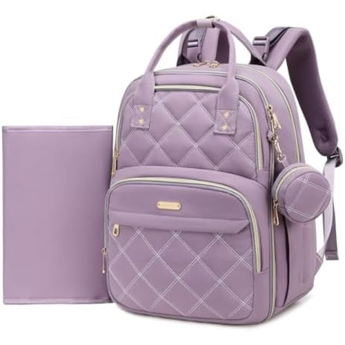 Diaper Bag Backpack, Travel Essential Baby Bag, Multi-Functional Waterproof Quilted Diaper Bag, Baby Essential Travel Tote with Changing Pad, Stroller Straps & Pacifier Case, Purple