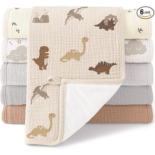 Bearmoss 100% Cotton Muslin Burp Cloths Sets 6 Pack 20x10inch Large Burping Clothes Extra Soft Absorbent for Newborn Unisex Baby Girls and Boys (Dinosaurs)