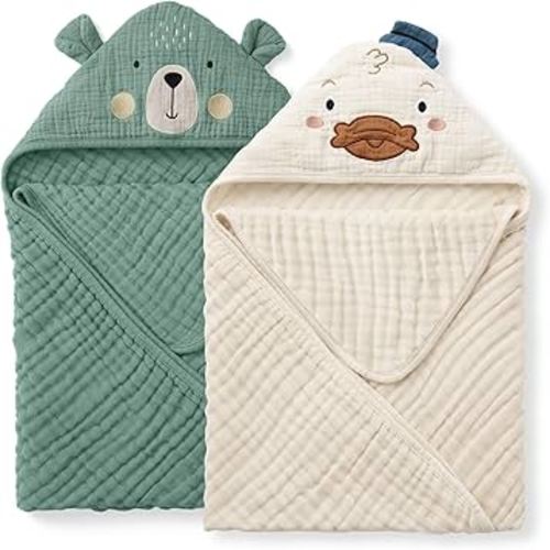 Blissful Diary Muslin Baby Hooded Towel 2 Pack, Soft & Absorbent Bath Towel for Infant, Toddler, Unisex, Baby Gift, Newborn Essentials, Bear & Duck