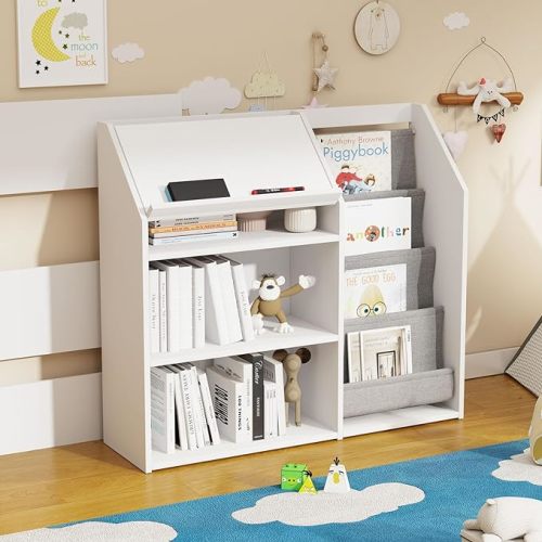 Kids Bookshelf 2-Tier Wooden,5 Layer Sling Front Facing Toddler Bookcase,Baby Storage Book Rack,Kids Book Toy Organizer Chalkboard Open Compartment,Child Book Display Playroom Nursery Classroom - White+flip Chalkboard