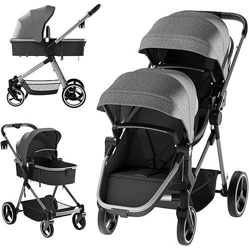 Double Stroller for Twins and Toddlers, Lightweight Aluminum Foldable Twin Stroller with Adjustable Backrest, Reversible Seat, 5-Point Harness, Storage Basket, Grey