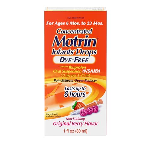Motrin Infants' Oral Suspension Concentrated Liquid Medicine Drops with Ibuprofen, NSAID Infant Fever Reducer and Pain Reliever for Babies, Dye-Free, Alcohol-Free, Berry Flavor, 1 FL OZ