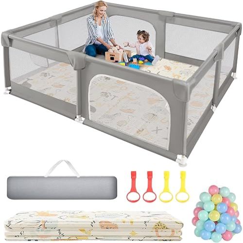 Sour Lemon Baby Playpen with Play Mat, 79x71 inch Extra Large Playpen for Babies and Toddlers, Baby Fence Play Pen Yard with Safety Gate Fence with 50 Ocean Balls 4 Pull Rings for Kids Indoor Outdoor