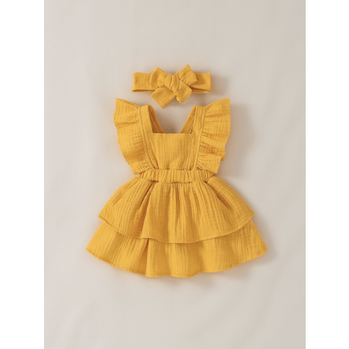 Baby Girl Cotton Ruffle Trim Layer Hem Dress With Bow Headband