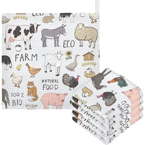 Farm Animals Muslin Baby Hand Washcloths, Soft Cotton Bath Face Towel, 4 Layers Extra Absorbent Feeding Burp Cloth for Newborn Infant, 5 Pack