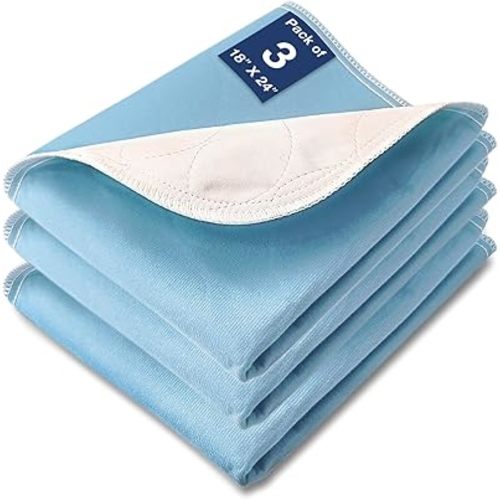 Washable Waterproof Underpads, 18" x 24" (3 Pack) Heavy Absorbency Reusable Incontinence Pads for Crib, Bassinet, Chair, Car Seat, Sofa, Wheelchair