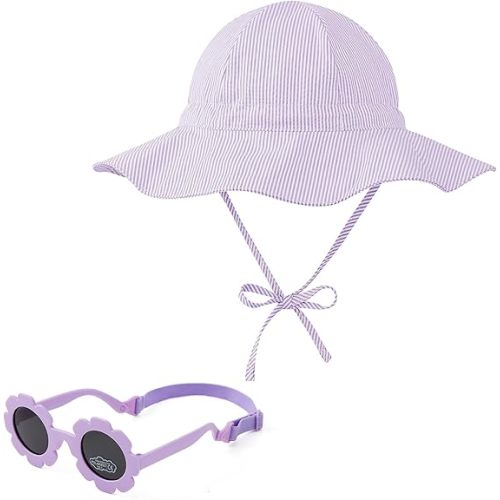 Zando UPF 50+ Wide Brim Baby Sun Hat with Sunglasses 0-12M - Sun Protection Infant Toddler Bucket Hat Adjustable for Outdoor