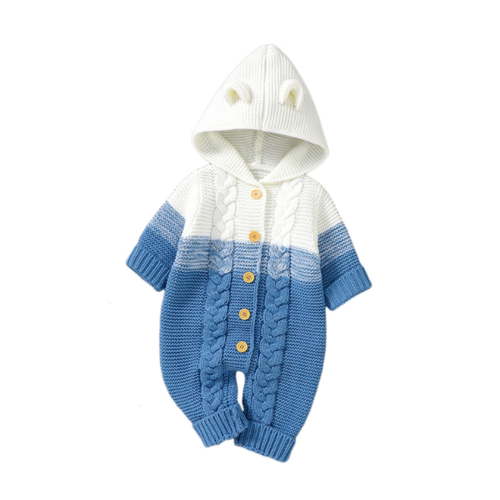 Lenpel Newborn Baby Hooded Jumpsuit Soft Warm Long Sleeve Color Block Knitted Sweater Romper Fall Winter Clothes