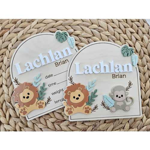 Lion Baby Name Sign | Jungle Themed Newborn Birth Announcement Name Plaque | Arch Baby Arrival Hospital Sign | Newborn Footprint Plaque