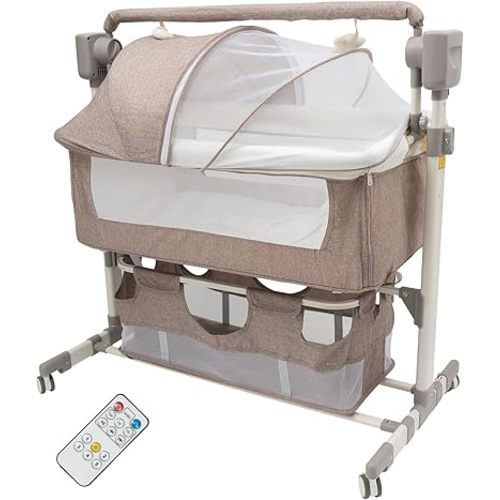 3 in 1 Baby Bassinet, Rocking Bassinets Bedside Sleeper with Height & Width Adjustable, Automatic Bedside Crib, Electric Baby Cradle with Breathable Mesh, Large Storage Basket for Newborn Infant