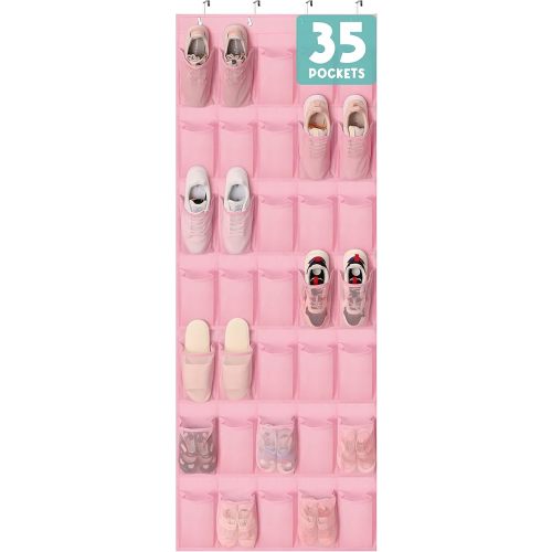 Over The Door Shoe Organizers Pink with 35 Durable Mesh Pockets Baby Organizer Storage Hanging Shoe Holder Rack For Toddler Girl/ Baby/ Craft Room Bedroom Pantry Bathroom Closet